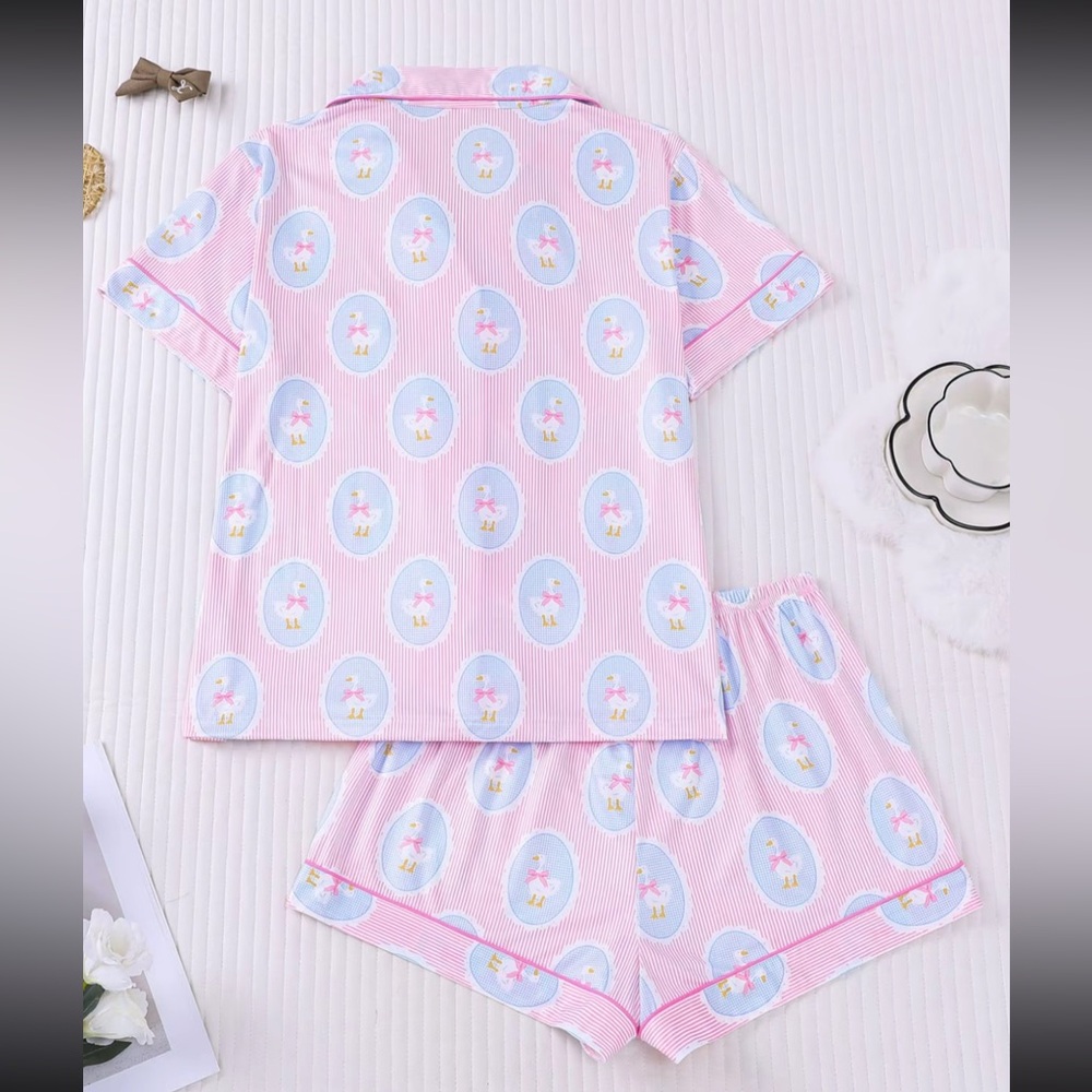Pink Short Sleeve Swan Bowknot Oval Vintage Print Lounge Pajama Set New - Picture 6 of 13